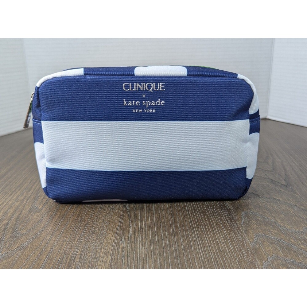 NEW Clinique Kate Spade Makeup Cosmetic Bag Zipper Pouch Blue White Stripe Logo